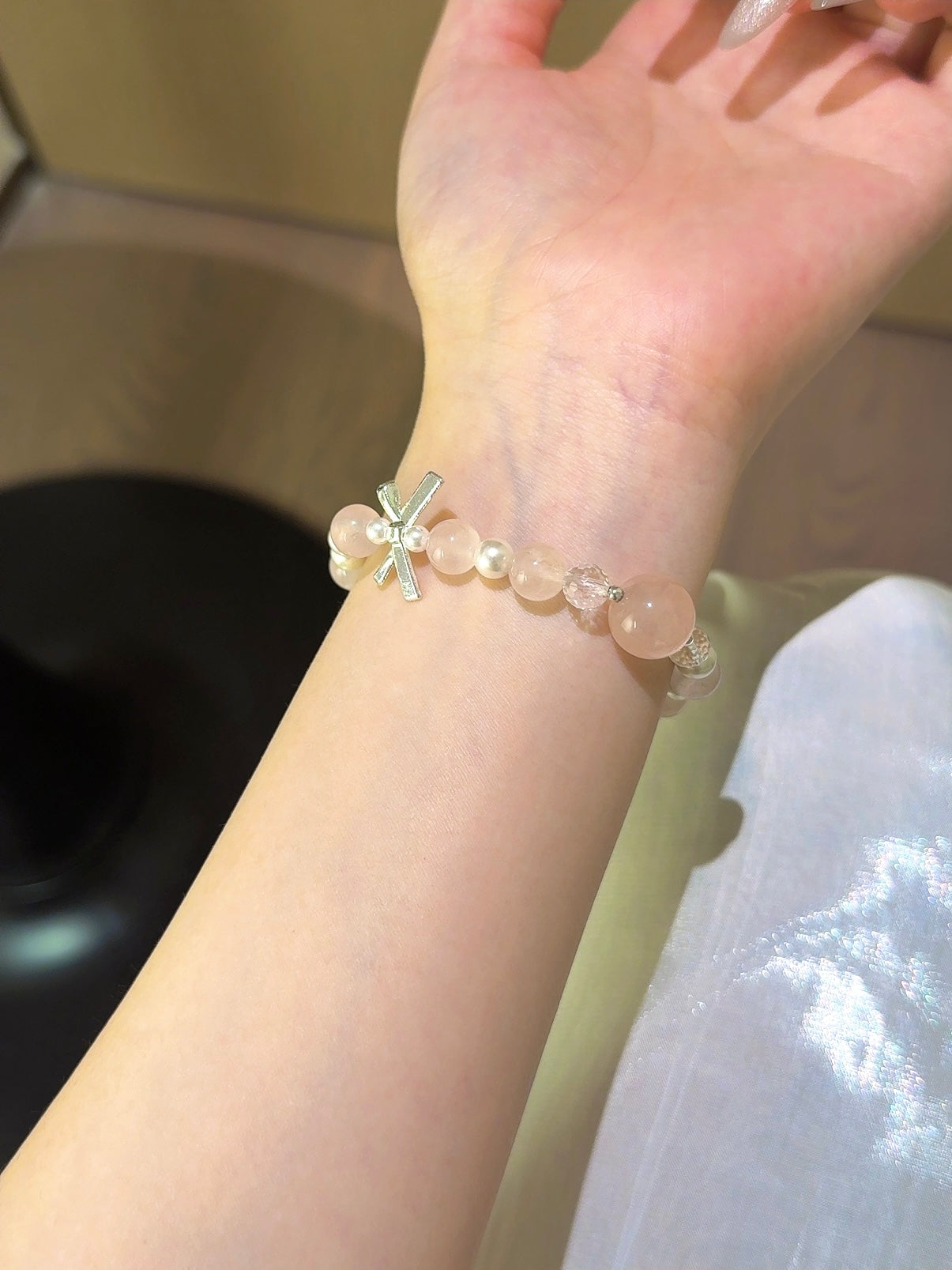 ▫️▪️ Pink crystal green ghost shell bead white crystal bracelet